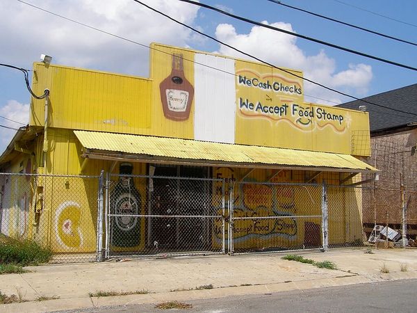 A derelict building with a sign reading, “We Cash Checks; We Accept Food Stamps,” & a drawing of a bottle of Hennessy cognac