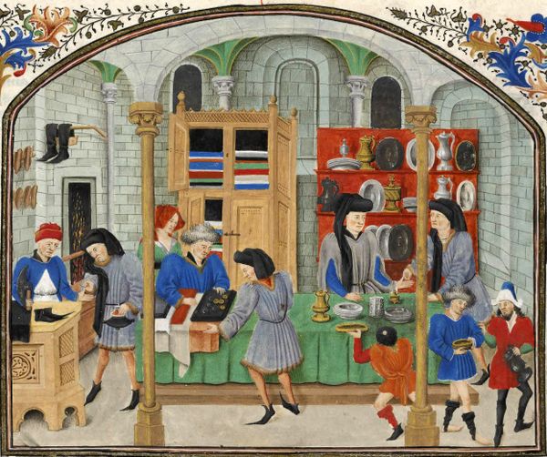 Medieval illustration of merchants selling a variety of wares to customers