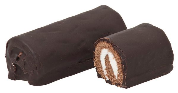 Photo of two chocolate covered, rolled sponge cakes, one cut open to reveal the cream swirl filling