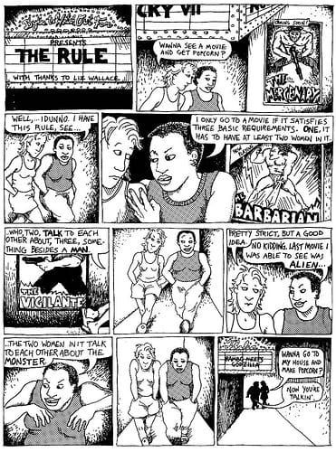 B&W comic strip in which two women discuss the Bechdel test