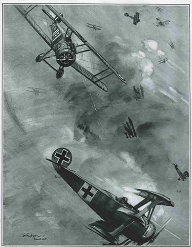 B&W drawing of a WWI dogfight with a British Sopwith Camel chasing and firing upon a German Fokker triplane