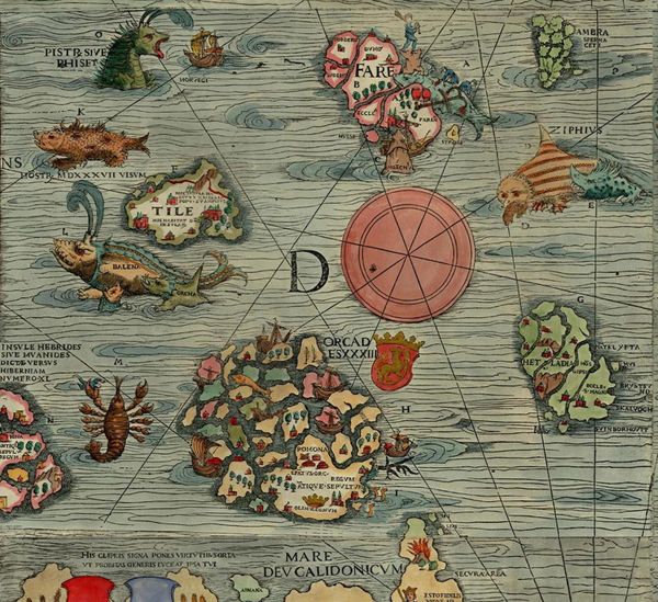 Colored 16th-century map depicting various islands, real and fictional, in the North Atlantic