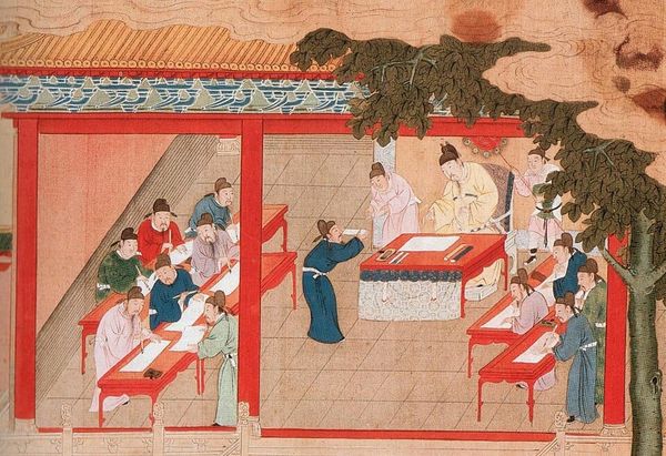 Painting of a group of 17th/18th-century Chinese scholars taking an exam with one submitting his exam paper to an official