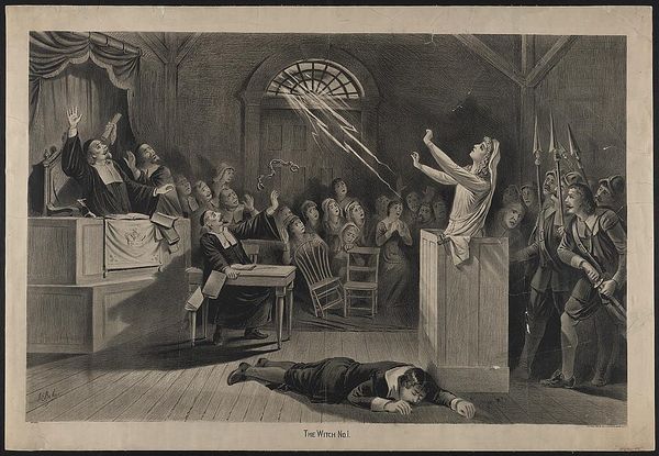 A 17th-century court in an uproar, a woman in the dock, lightning comes through a window, a man lies prone on the floor