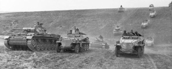 B&W photo of WWII German tanks and armored vehicles
