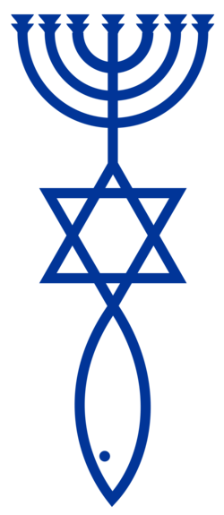 Graphic that combines images of a menorah, a Magan David, and the Christian fish symbol