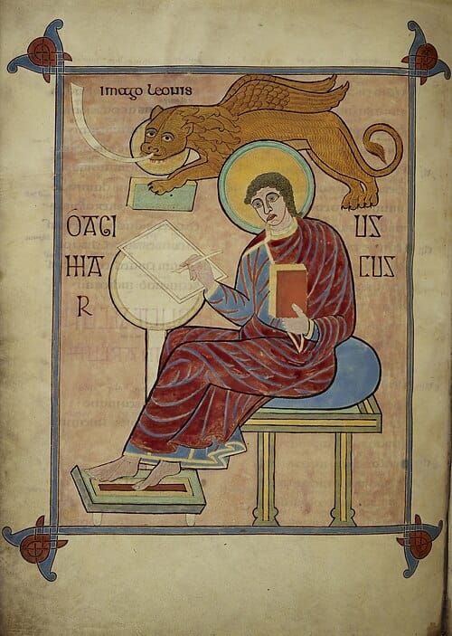 Medieval illumination of a robed & seated man, holding a book and writing on parchment; above a winged lion blows a trumpet