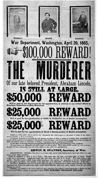 1865 “wanted” poster for John Wilkes Booth and two other wanted for the assassination of Abraham Lincoln
