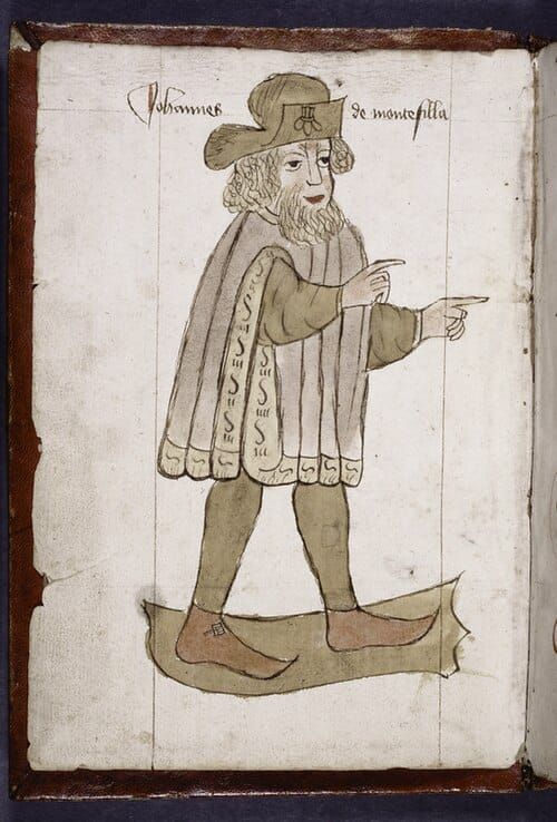 Drawing of a man in medieval dress labeled “Johannes de Montevilla.”