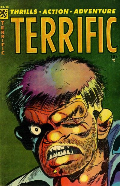 Cover of the comic book Terrific #14, December 1954, featuring the terrifying face of a man