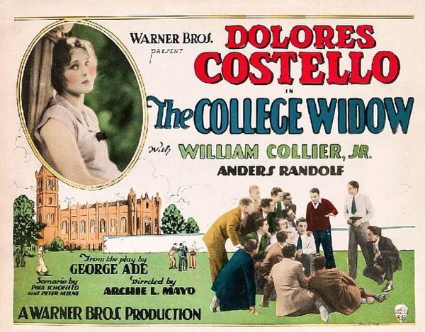 Advertisement for a film with photographs of a young woman and of a group of young men against a collegiate background