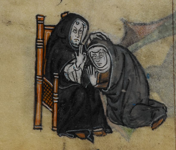 Medieval illustration of a seated monk blessing a woman kneeling before him in prayer