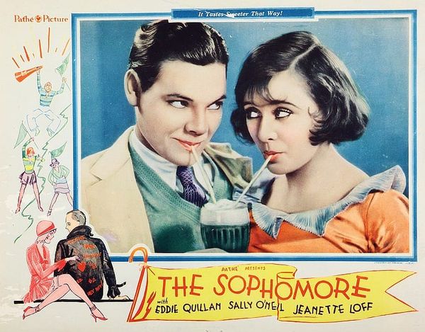 Advertisement for the 1929 film The Sophomore featuring a picture of a young man and woman sharing a soda through two straws