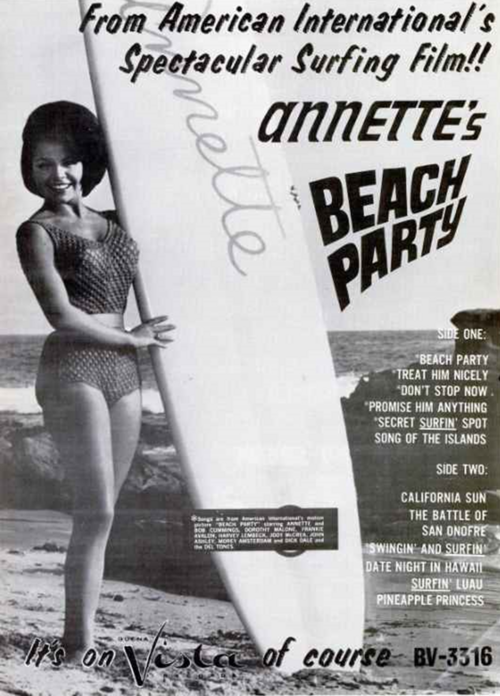 Ad with a B&W photo of Annette Funicello in a bathing suit, holding a surfboard