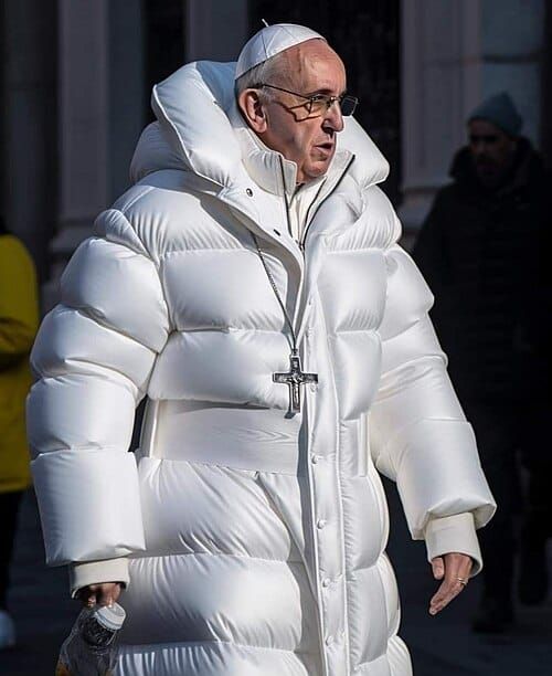 Deepfake photo of Pope Francis wearing a white, puffy parka