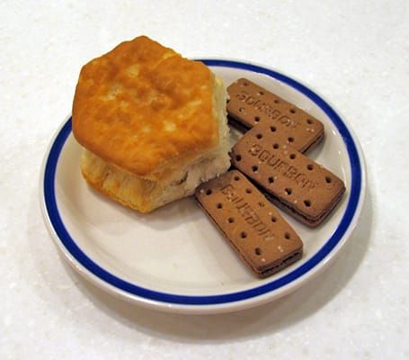 Photo of a plate holding an American savory biscuit and three Indian, British-style chocolate biscuits (i.e., cookies)