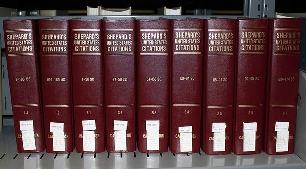 Photo of volumes of Shepard's United States Citations in a library in San Jose, California