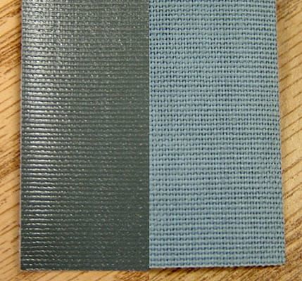 Photo composite of two sides of a strip of thick, stiff, woven material