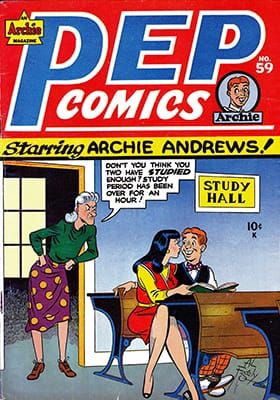 Cover of an Archie comic with teacher Miss Grundy looking disapprovingly at Archie & Veronica sitting together in study hall
