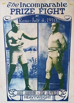Poster, with pictures of 2 boxers, 1 Black and 1 white, for the Jack Johnson vs. Jim Jeffries boxing match of 4 July 1910