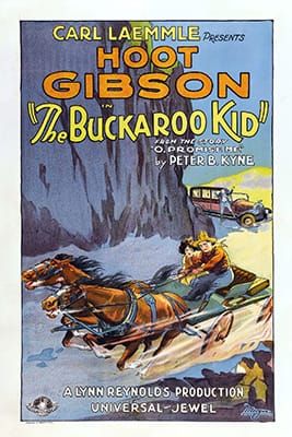 Movie poster featuring a drawing of a cowboy and a woman in an out-of-control horse-drawn carriage