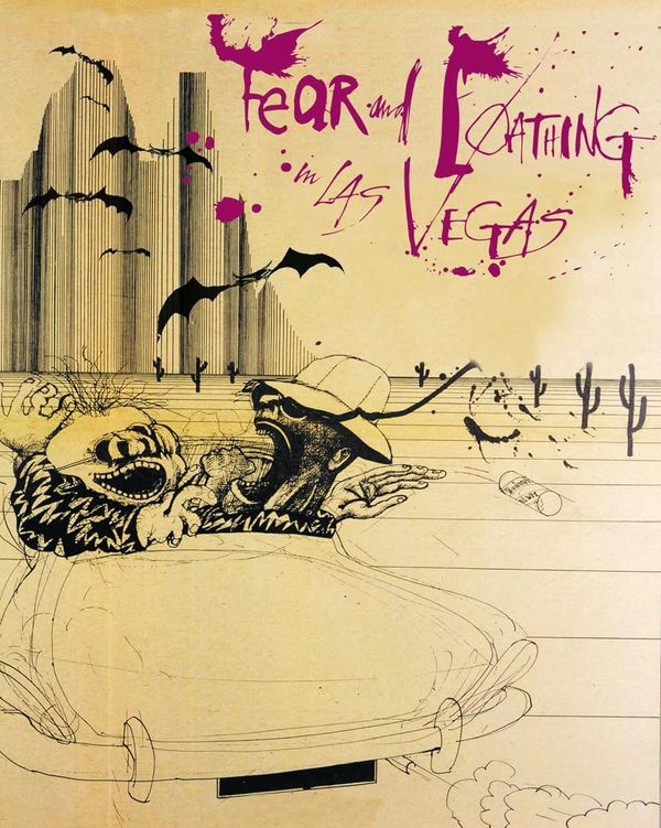 Pen-and-ink grotesque of two men, mouths agape, driving through a desert toward an abstract city, bats flitting about them