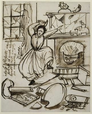 Cartoon drawing of a woman throwing a tantrum and destroying furniture with a hammer