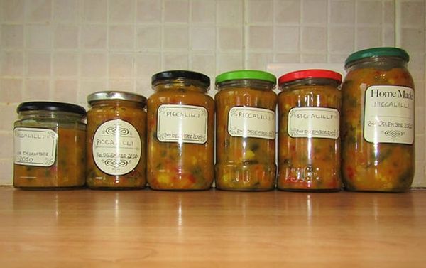 Photo of six jars of homemade mustard piccalilli