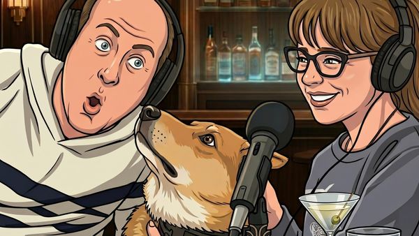 Cartoon illustration of Jonathan C. Legat, Tricia Legat and their dog, Agnes, podcasting