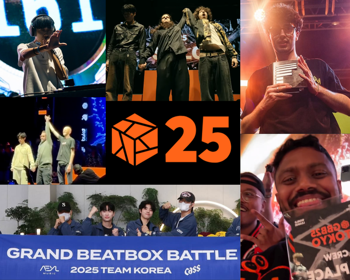 Grand Beatbox Battle 2025 collage featuring Team Korea, Amit, Chris Celiz, Blackroll, Pacmax, RIver, Wing, Mahiro, Martin Benati, Beardyman, Dice, and the GBB25 logo.