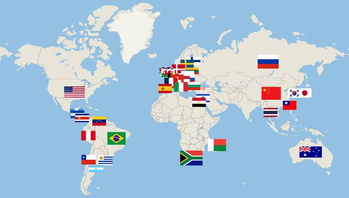 A map of every 2025 national beatboxing champion across the globe marked by national flag.