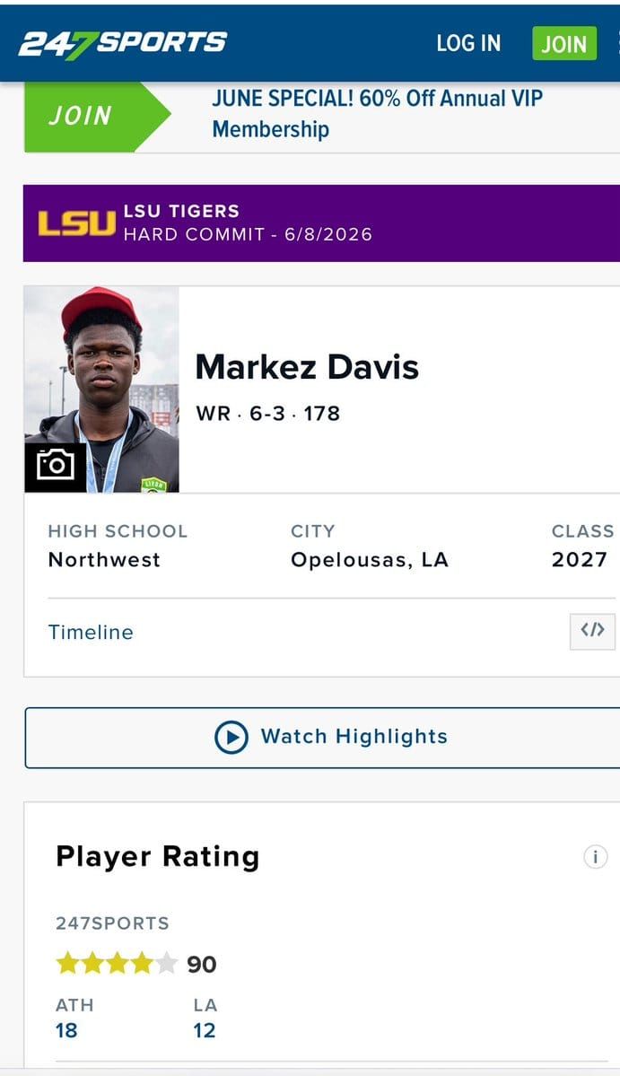 2027 CB Markez Davis from Northwest High in Opelousas, Louisiana, the No. 12 prospect in the state, earned a…