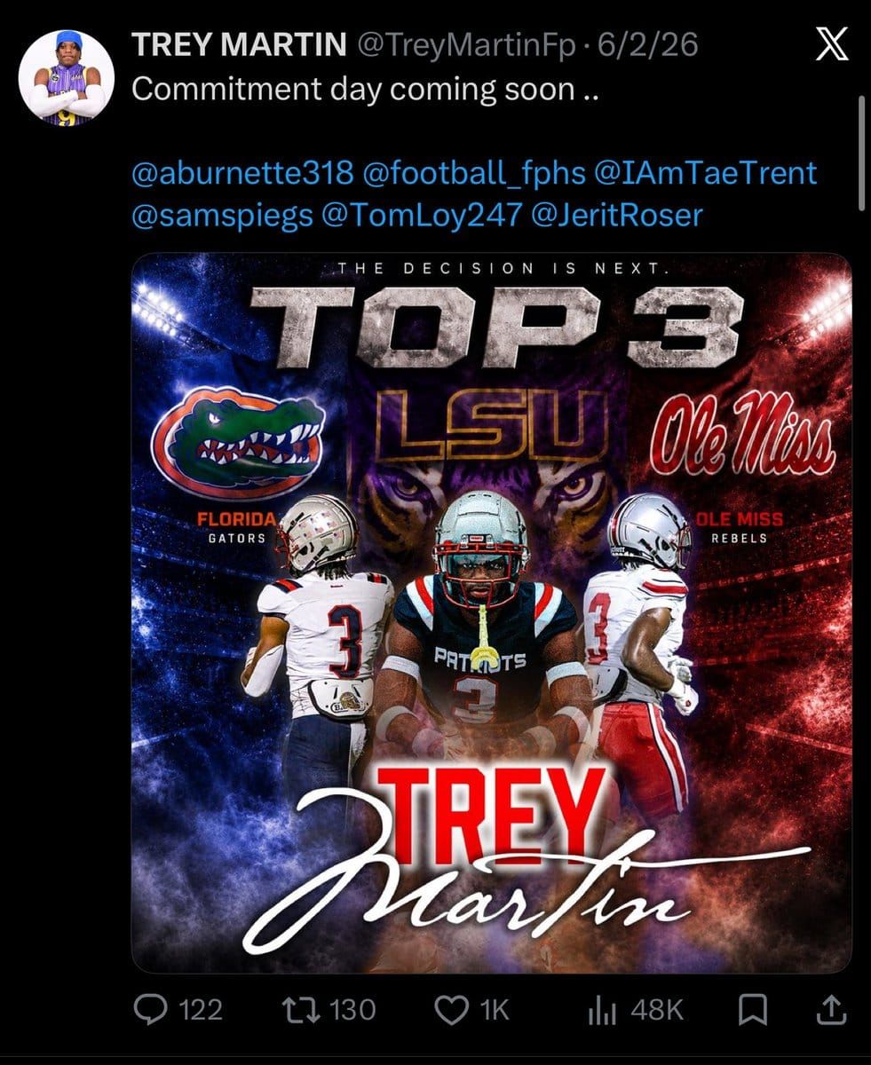 Four-star RB Trey Martin (No. 156 nationally, No. 10 RB per 2027 Rivals300) out of Winnsboro’s Franklin…