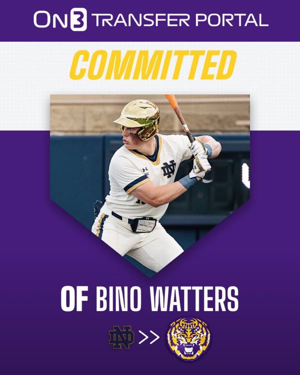 Notre Dame sophomore outfielder Bino Watters, the No. 1-ranked transfer portal recruit, committed to LSU on…