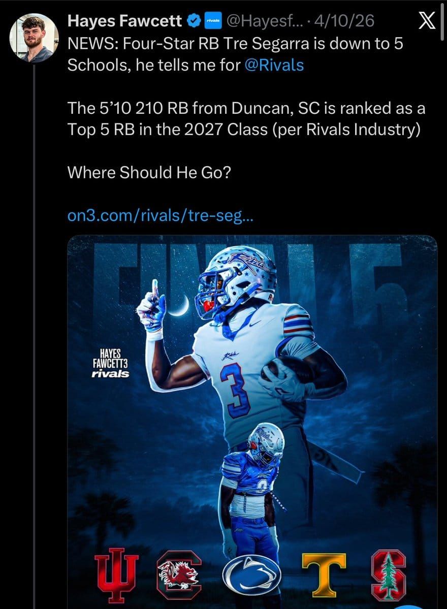 Four-star RB David "Tre" Segarra of Byrnes (S.C.), the No. 5-7 running back nationally in the 2027 class per…