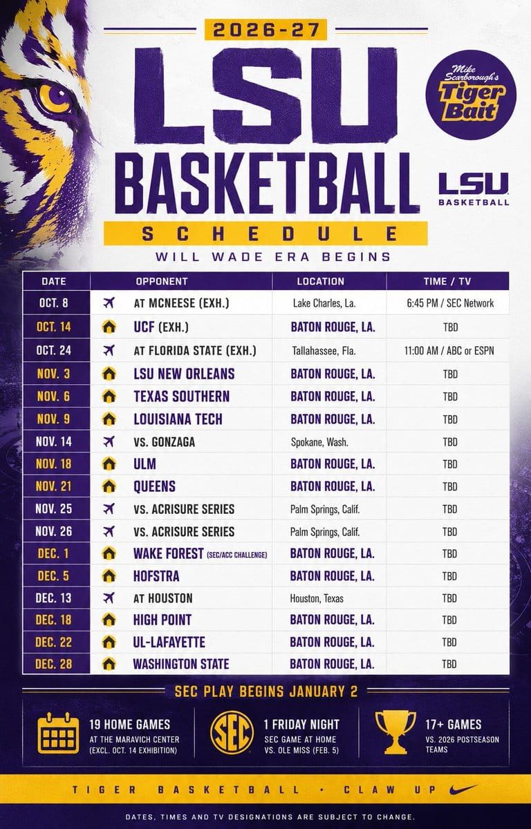 LSU men's basketball coach Will Wade unveiled his 2026-27 schedule in his first season back in Baton Rouge…