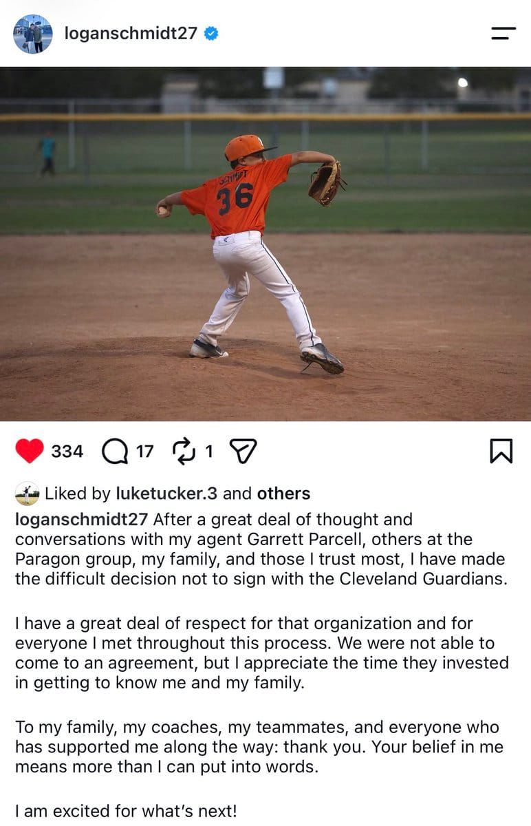 No. 12 overall prospect and LSU signee Logan Schmidt, a left-handed pitcher from California, declined to…