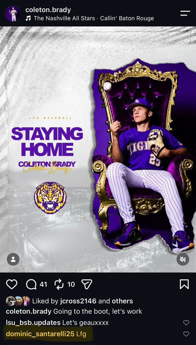 Dominic Santarelli, LSU’s top 2026 power-hitting OF/1B commit and MLB Draft prospect out of Wisconsin, left…
