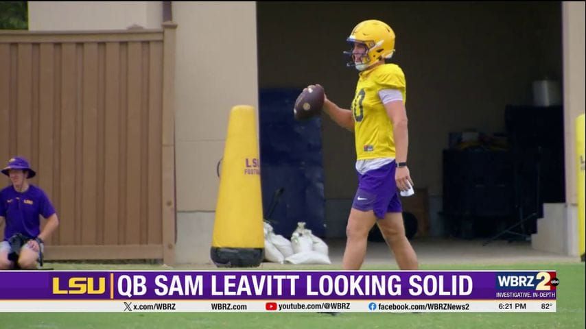 LSU quarterback Sam Leavitt addressed media for the first time since arriving in January, detailing his foot…