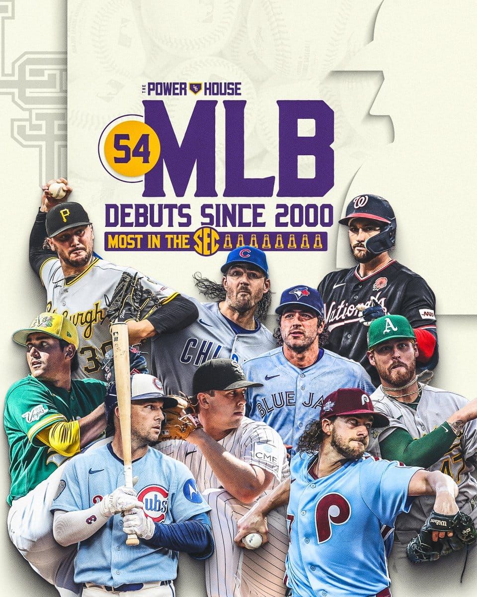 LSU Baseball posted “Built By The Powerhouse,” tagging its recruiting account @LSUbsbrecruit alongside @MLB…