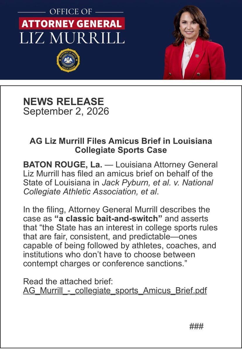 Louisiana AG Liz Murrill just filed an amicus brief: NCAA eligibility changes were a “bait-and-switch.” Georgia’s AG wants LSU punished. Same courtroom. Thursday. (AYS Sports / AP)