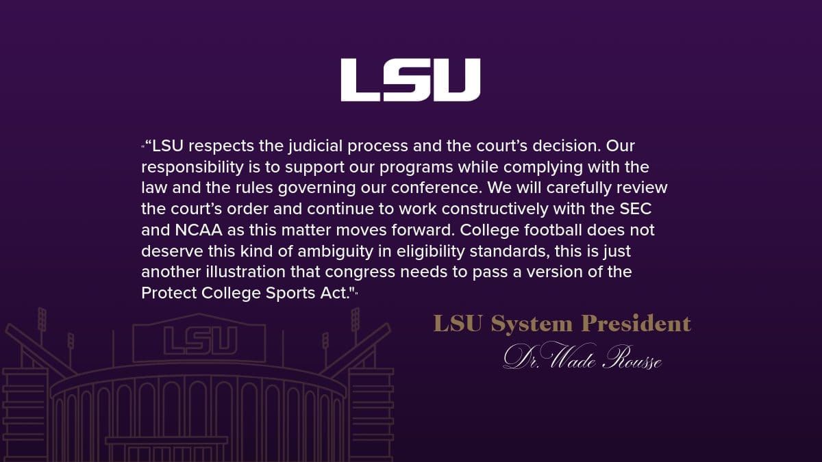 LSU president Wade Rousse: carefully review the court’s order, work with the SEC and NCAA. No roster commit on Wright/Harris. Players’ attorney flags contempt if they’re left off. Friday 105 is today. (Pete Nakos / @LSUpresident / On3)
