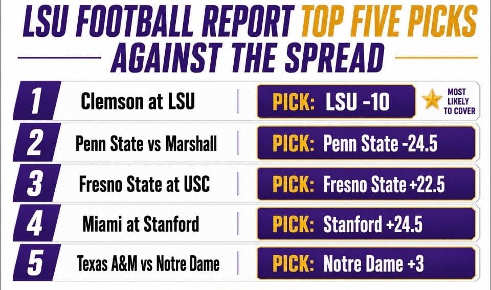 LSUReport's Week 1 hammer: LSU -10.5 vs Clemson. Home field. Stronger roster. Death Valley Saturday night. (LSU Football Report)