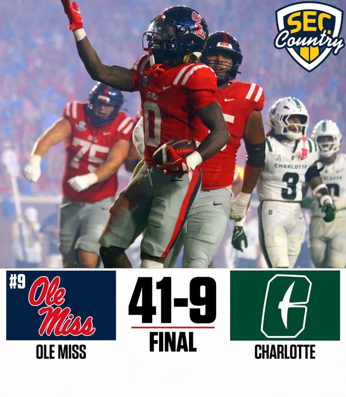NEXT — No. 8 LSU at No. 9 Ole Miss after Rebels 41-9 Charlotte