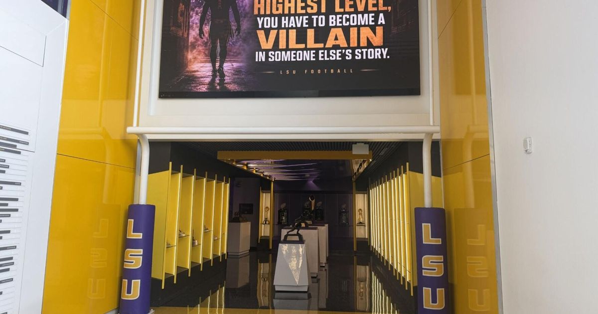 Posted inside the LSU football building Monday: “1-0 is all that matters. Get Over Yourself.” Kiffin era Week 2 energy. La Tech week. (Tiger Rag / X)