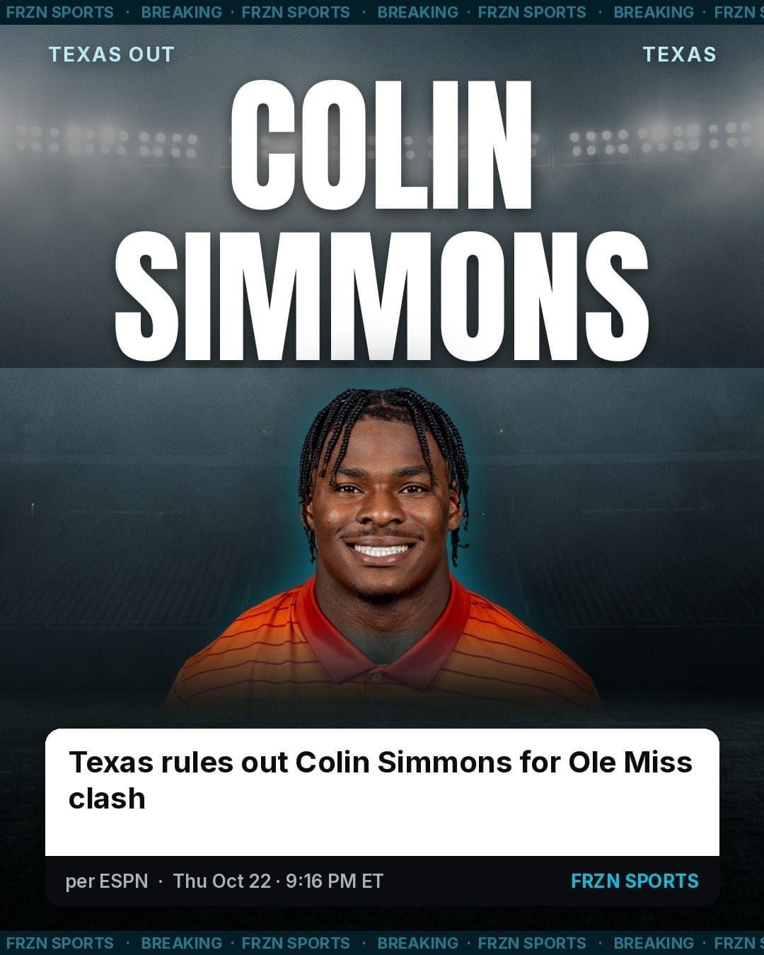 Texas will play No. 7 Ole Miss tonight without Colin Simmons, the nation’s sack leader, and now Hollywood Smothers is out too