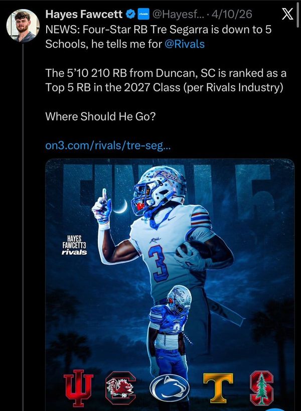 Four-star RB David "Tre" Segarra of Byrnes (S.C.), the No. 5-7 running back nationally in the 2027 class per…