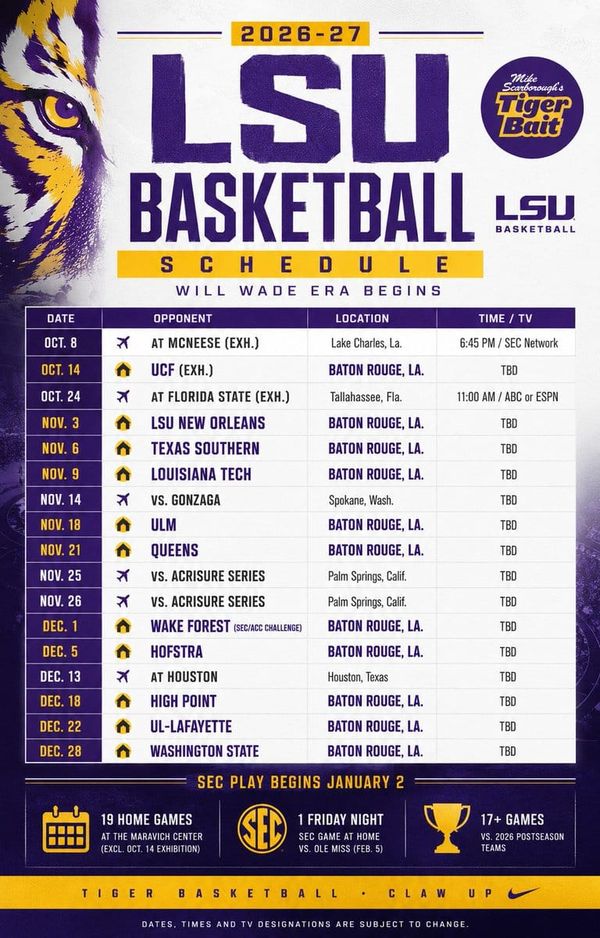 LSU men's basketball coach Will Wade unveiled his 2026-27 schedule in his first season back in Baton Rouge…