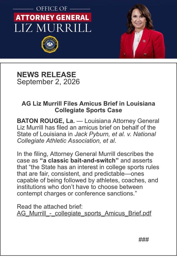 Louisiana AG Liz Murrill just filed an amicus brief: NCAA eligibility changes were a “bait-and-switch.” Georgia’s AG wants LSU punished. Same courtroom. Thursday. (AYS Sports / AP)