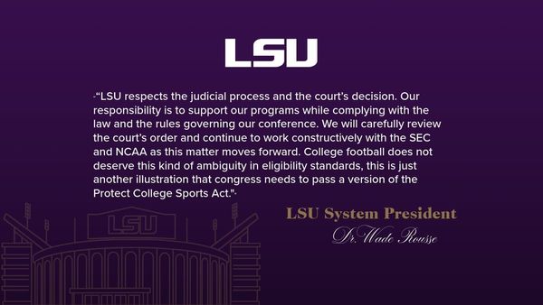 LSU president Wade Rousse: carefully review the court’s order, work with the SEC and NCAA. No roster commit on Wright/Harris. Players’ attorney flags contempt if they’re left off. Friday 105 is today. (Pete Nakos / @LSUpresident / On3)